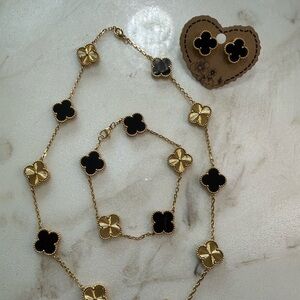 Black Clover Jewelry Set - Gold Tone - Necklace, Bracelet & Stud Post Earrings